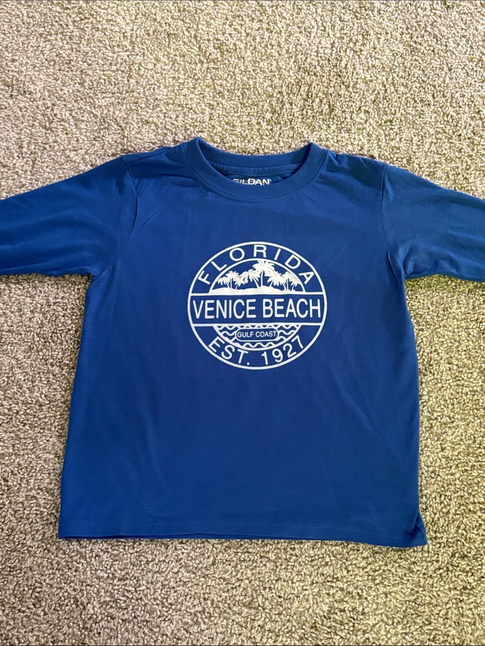 Gildan Blue Long Sleeve Tee with White Venice Beach Graphic